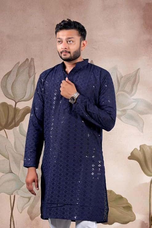 LATEST CHIKAN Men's Cotton Regular Textured Long Kurta Full Sleeves - Casual Ethnic Wear