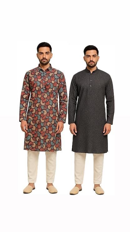 Men's Cotton Kurta Set of 2 – 3D Printed Multicolor & Solid Black | Ethnic Long Kurta