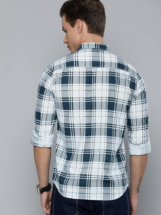 Men's Cotton Slim Fit Checkered Full Sleeves Cutaway Collar Casual Shirt - Image 2