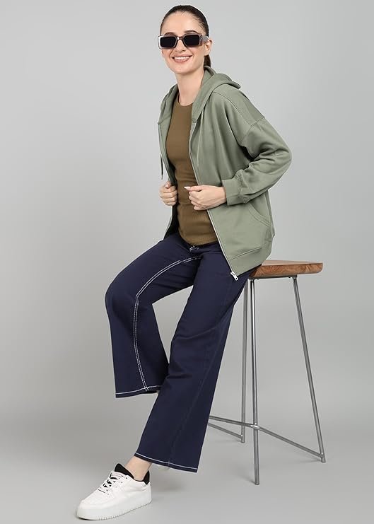 Clothing Cotton Blend Oversize Zipper Women's Hooded Neck Sweatshirt - Image 2