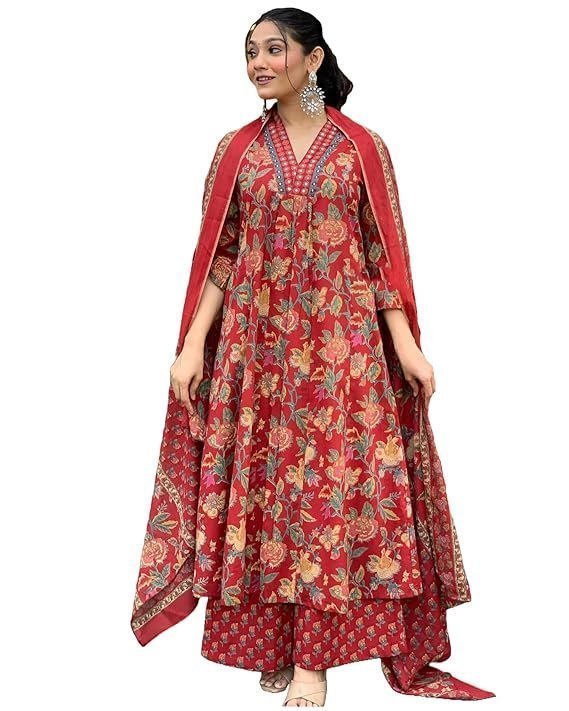 Women's Rayon Viscose Anarkali Printed Kurta with Palazzo & Dupatta