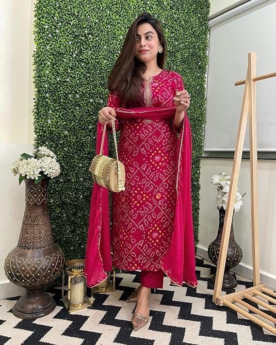 Women's Rayon Viscose Straight Bandhej Printed Kurta with Pant & Dupatta - Image 2