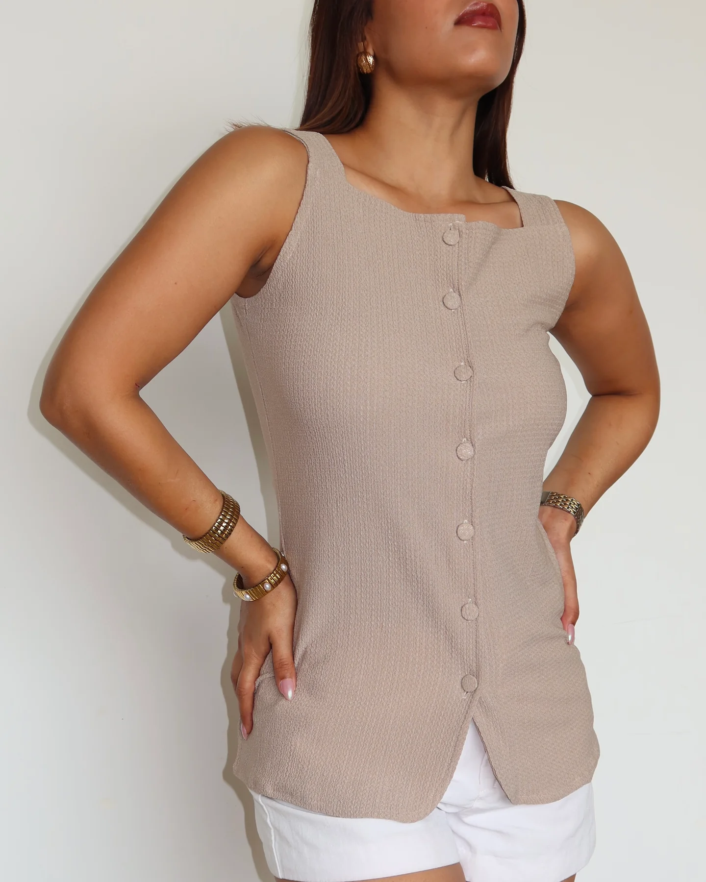 Camelia Button Details Vest Top