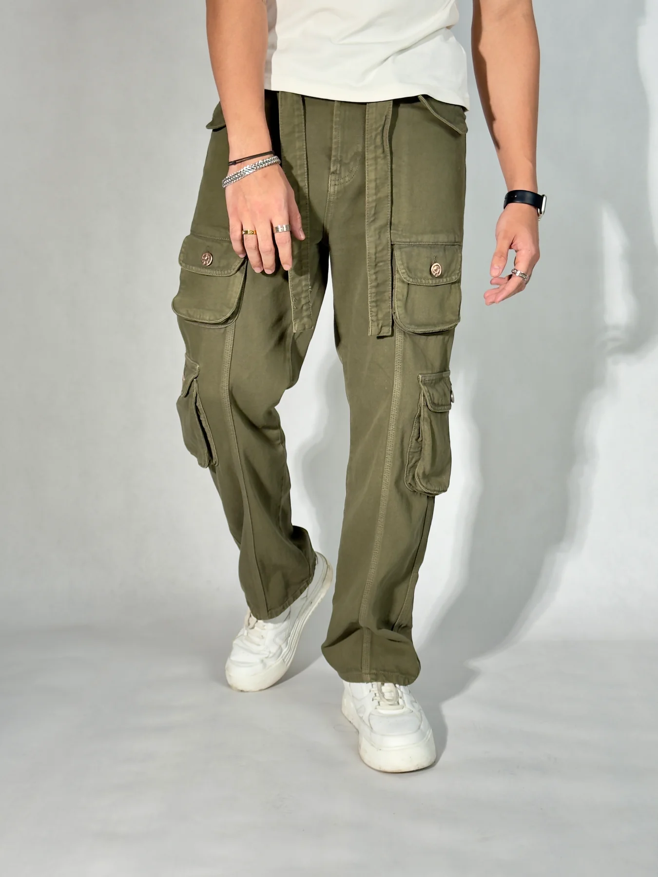 Olive Green Casual Cargo Baggy Jeans