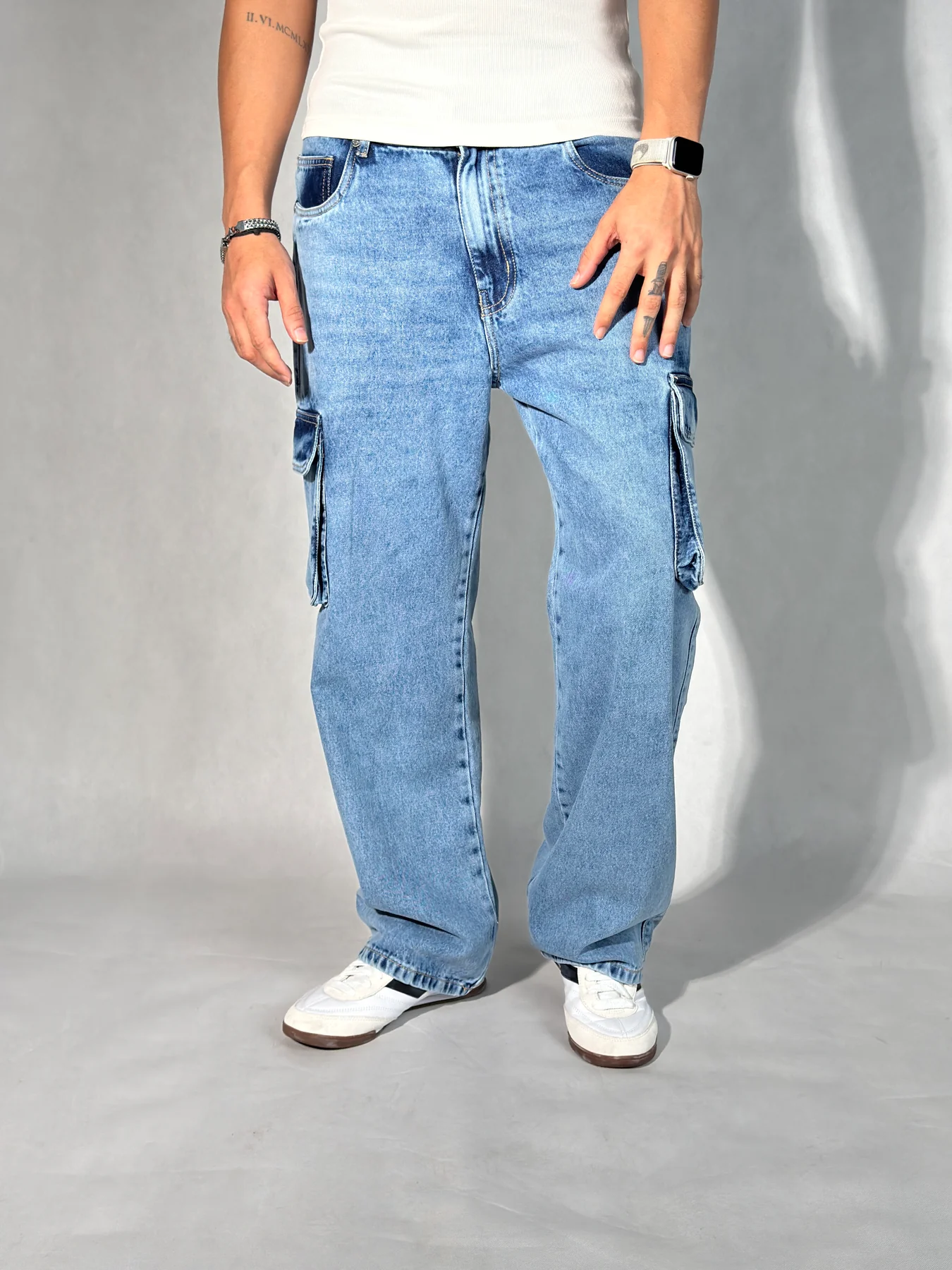 Blue Stone Wash Baggy Fit Cargo Men Jeans