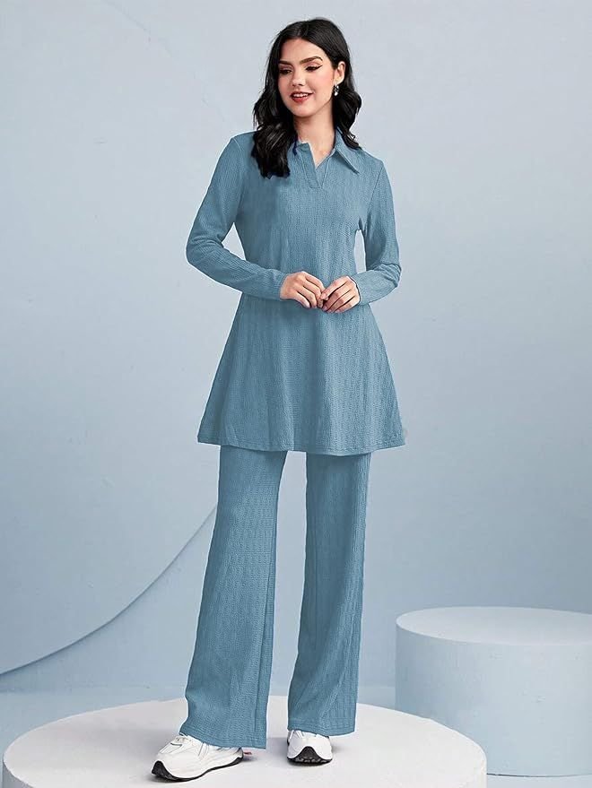 TADKEE Women's Solid Color Casual Long Sleeve Top and Pant Co-ord Set